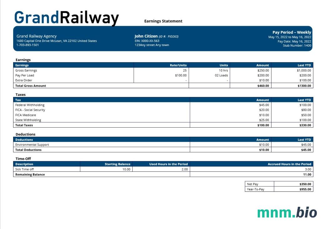 Szablon Paystub firmy Grand Railway w formatach Word i PDF